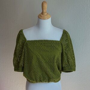 Everlane Olive Eyelet Puff Sleeve Blouse